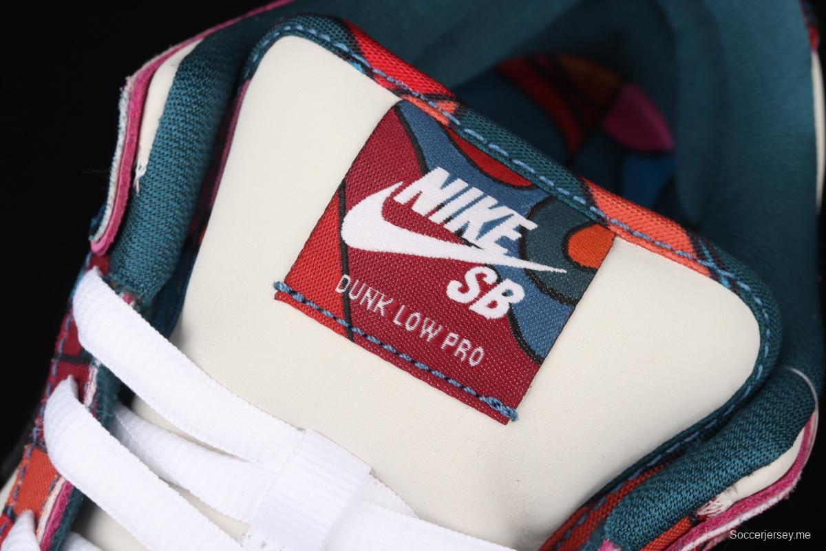 Parra x NIKE DUNK SB Low Pro White, Blue and Red Abstract Art scratch Music Olympic Slam Dunk Series retro low-top leisure sports skateboard shoes DH7695-600