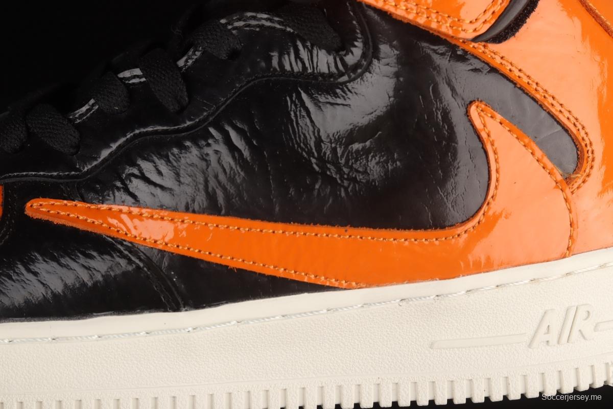 NIKE Air Force 1o07 Mid lacquered leather black orange color counterhook Zhongbang casual board shoes 804609-188