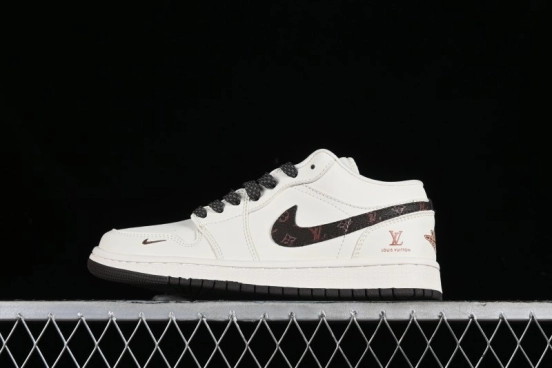 Nike Air Jordan 1 Low LV Collaboration Sneakers - Classic Monogram Swoosh in Off-White - WG8850-004