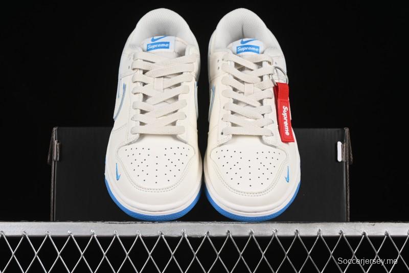 Nike SB Dunk Low Supreme Collaboration - Cream White with Sky Blue Swoosh Anniversary Customized Low-Top Casual Skate Shoes - DJ2024-012