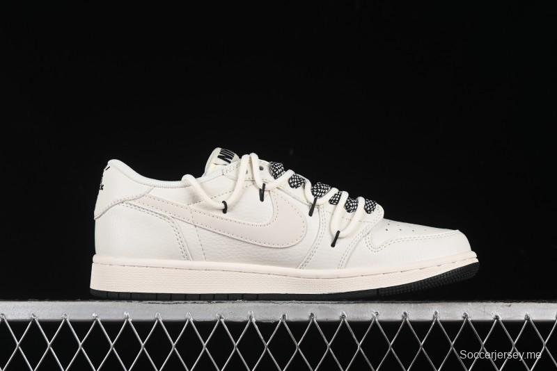 Nike Travis Scott x Fragment Design x Air Jordan 1 Low OG SP AJ1 Black Logo Drawstring Low-Top Casual Sneakers - SJ0086-135