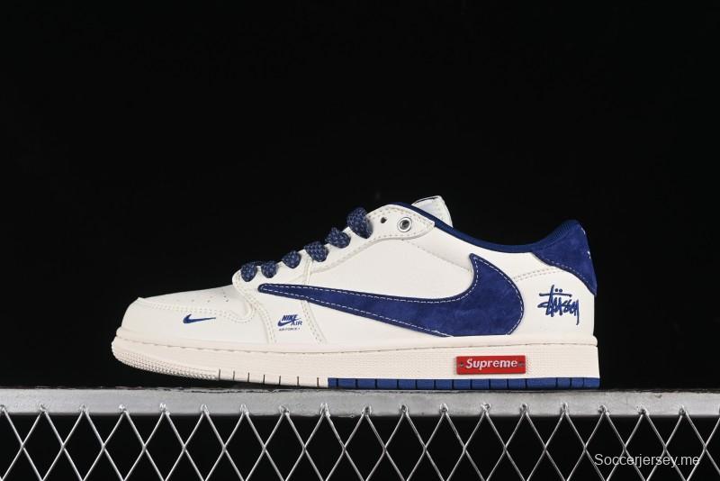 Nike Travis Scott x Fragment Design x Air Jordan 1 Low OG SP AJ1 Supreme Stussy Collaboration - Suede Blue Swoosh Low-Top Casual Sneakers - SJ2068-127