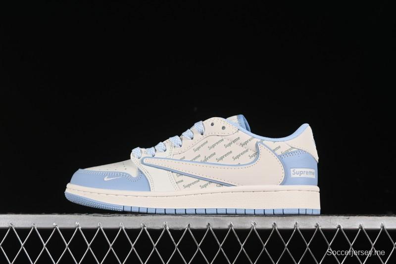 Nike Travis Scott x Fragment Design x Air Jordan 1 Low OG SP AJ1 Supreme Collaboration - White Blue Lettering Low Top Casual Sneakers - XY2688-116