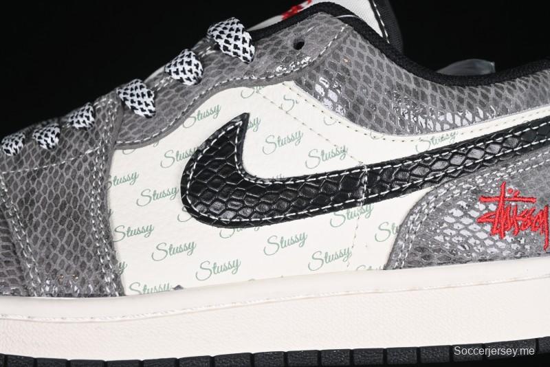 Nike Air Jordan 1 Low Retro Basketball Shoes with Custom Stussy Grey Snake Design - FC1688-202