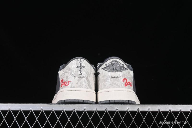 Nike Travis Scott x Fragment Design x Air Jordan 1 Low OG SP AJ1 Snake Year Limited Grey Snake Scale with Grey Swoosh Low-top Casual Sneakers - XS3086-009