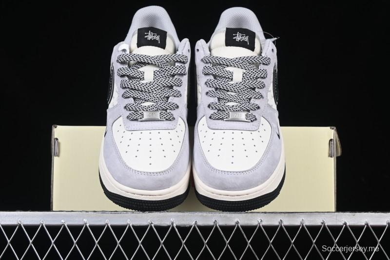 Nike Air Force 1 '07 Low Stussy Collaboration Grey Pigskin Black Swoosh Low-Top Casual Sneakers - XZ3318-099