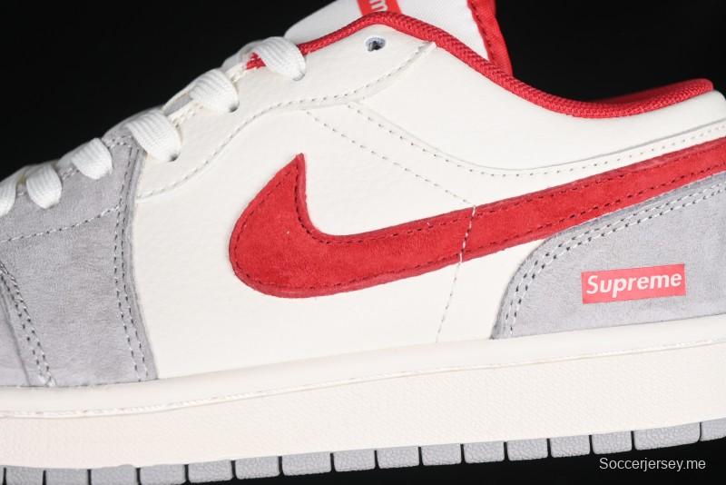 Nike Air Jordan 1 Low AJ1 Supreme Collaboration - White Grey Red Swoosh Retro Basketball Shoes - SJ9950-024