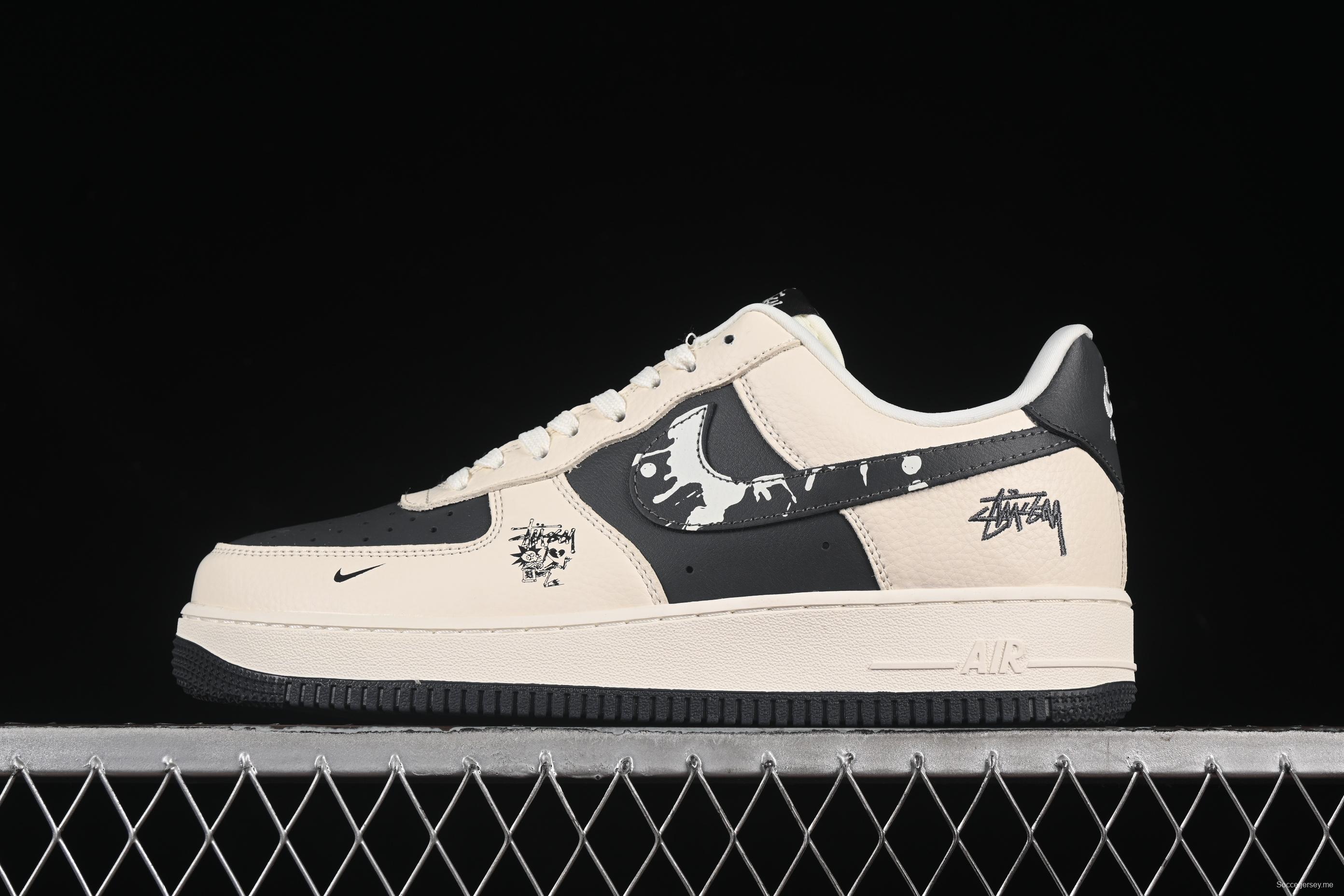 Nike Air Force 1 '07 Low Stussy Collaboration Beige Black Splatter Swoosh Casual Sneakers - DF0188-042