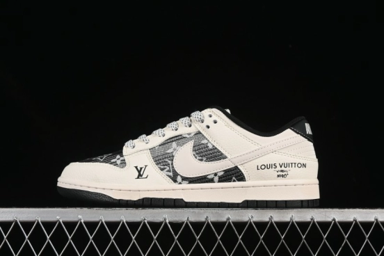 حذاء تزلج نايك SB Dunk Dunk Low LV Collaboration من نايك باللون الأسود والأبيض المنسوج والنسيج الأبيض المنسوج، حذاء تزلج كاجوال منخفض مخصص للذكرى السنوية - FC1688-229