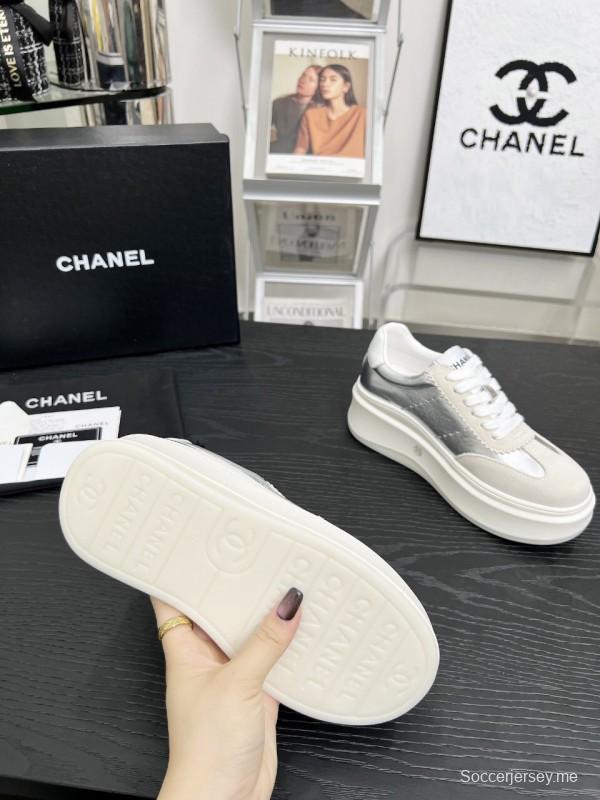 2025 Women Chanel White Silver Leather Suede Sneakers