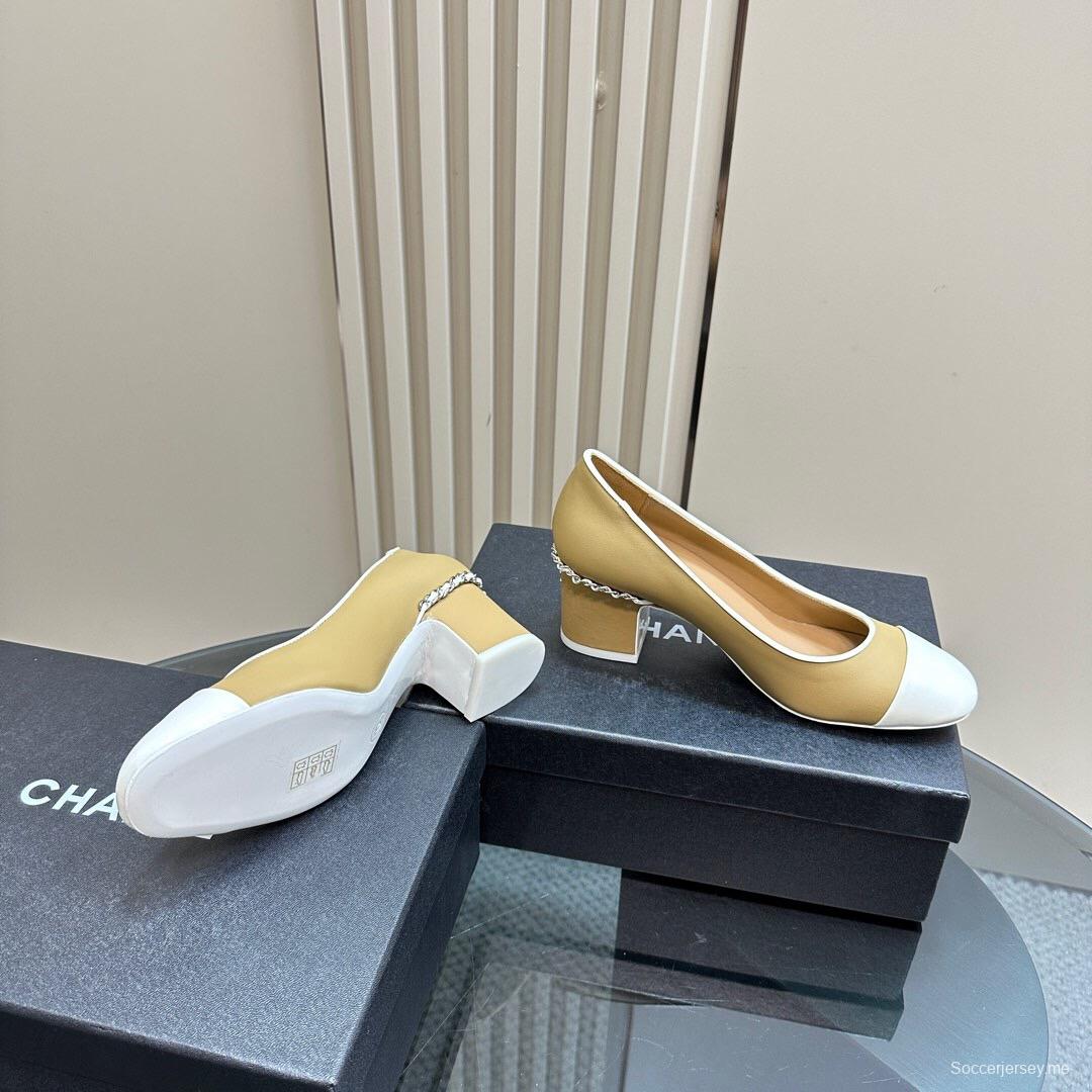 2025 Women Chanel Beige White Leather Pumps Chain Detail
