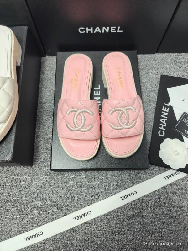 2025 Women Chanel Pink Leather Slippers
