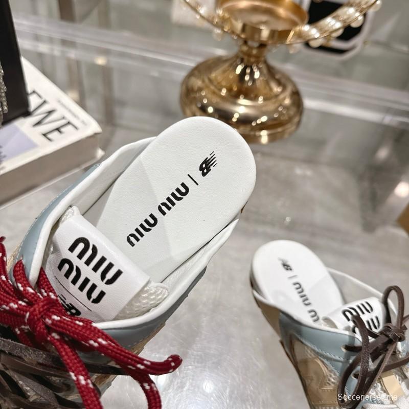 2025 Women Miu Miu Blue White Beige Leather Mesh Sneakers