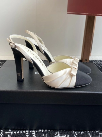 2025 Women Chanel Black White Satin Leather Slingback Heels