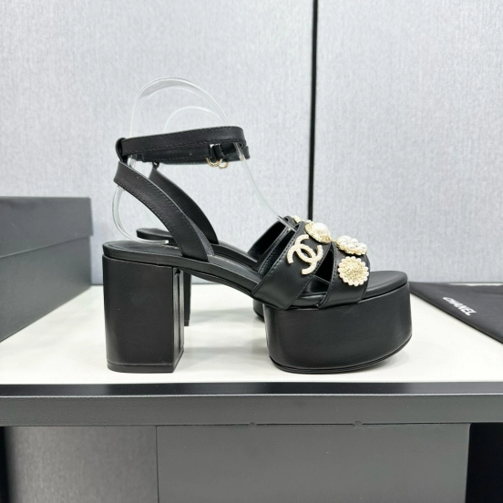 2025 Women Chanel Black Leather Platform Sandals MJ00310