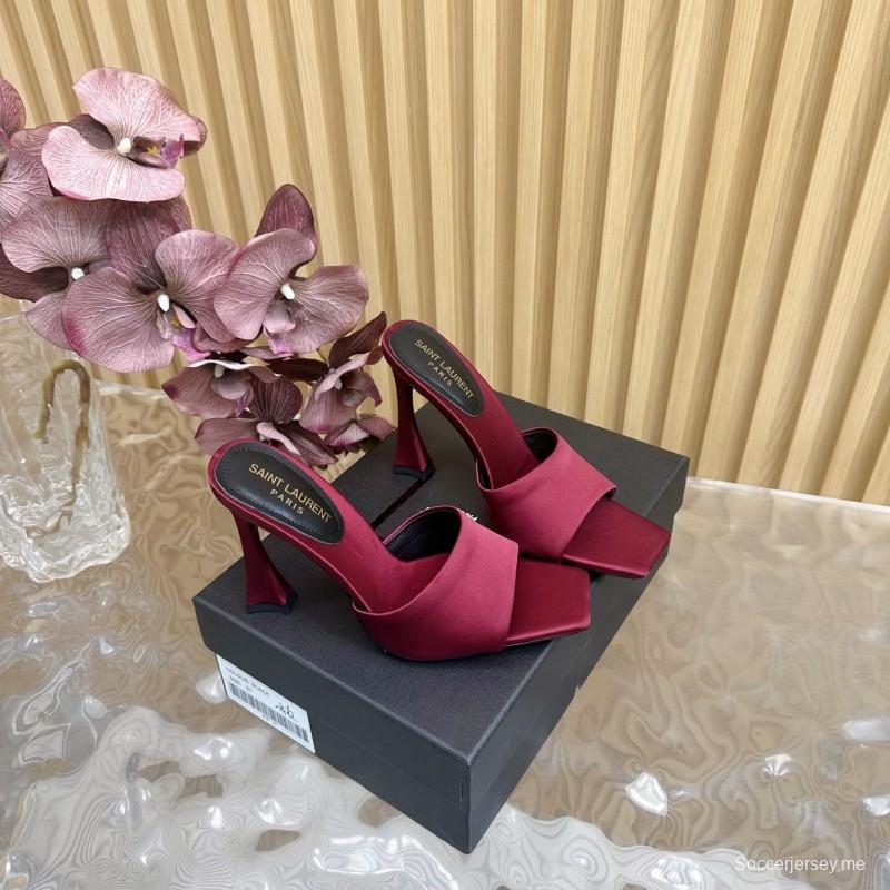 2025 Women Yves Saint Laurent Burgundy Satin High Heel Mules