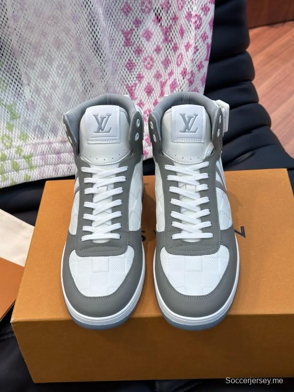 2024 Men Louis Vuitton White Grey Leather Canvas High Top Classic Sneakers MJ00420
