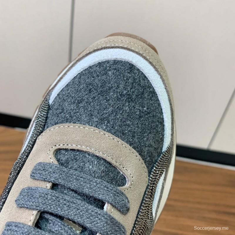 2025 Unisex Brunello Cucinelli Beige Gray White Leather Wool Casual Sneakers LY