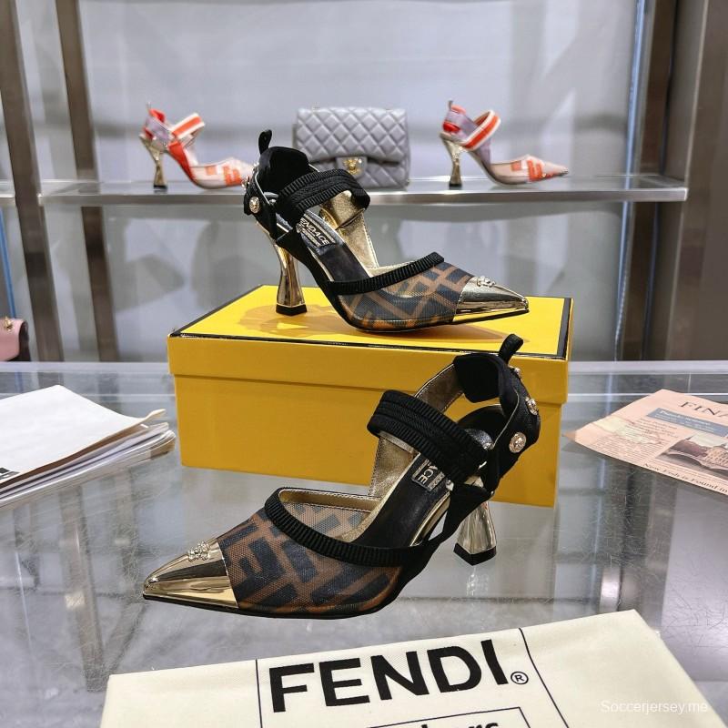 2025 Women Fendi Brown Black Leather Mesh High Heels MJ00280