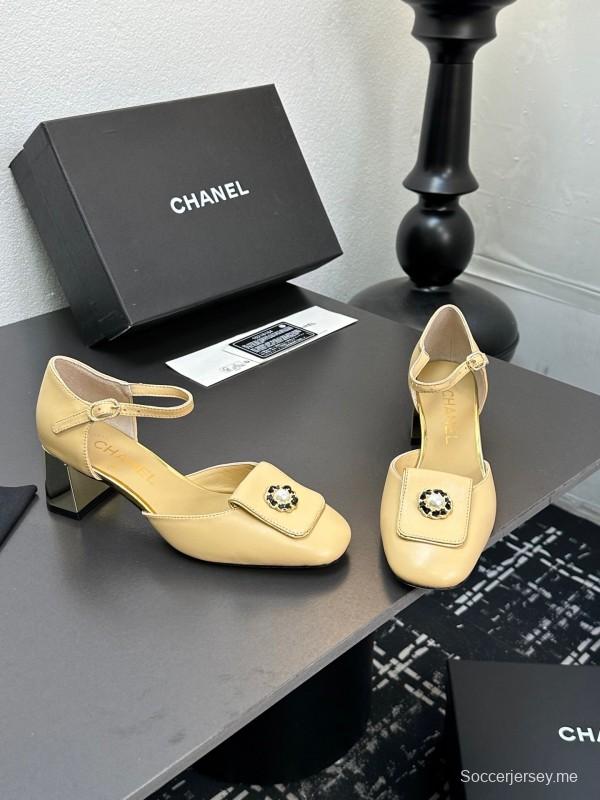 2025 Women CHANEL Beige Lambskin Mid Heel Ankle Strap Square Toe Pumps