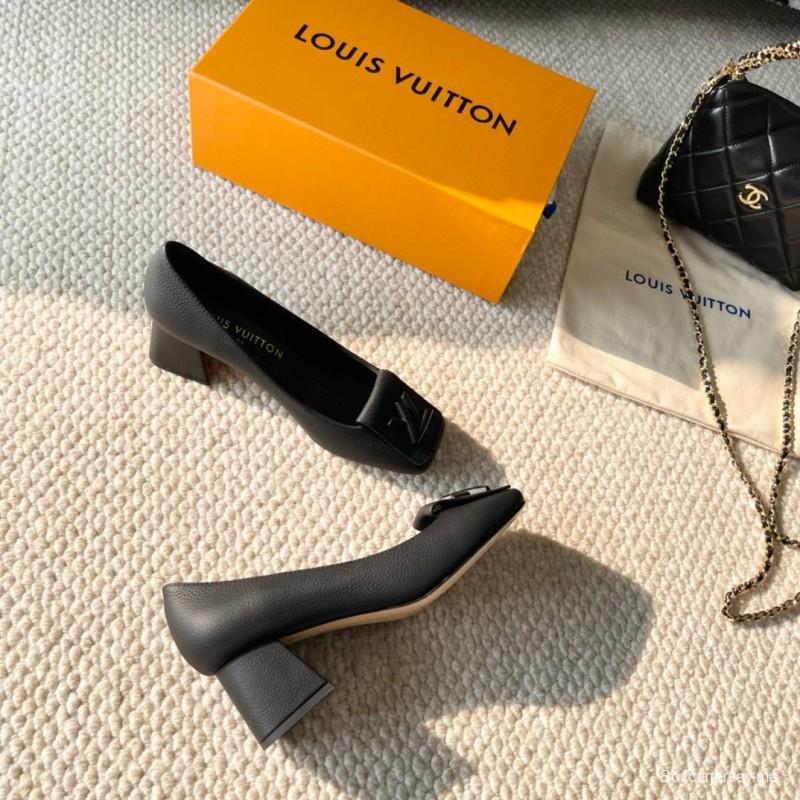 2024 Women Louis Vuitton Black Leather Mid Heel Pumps
