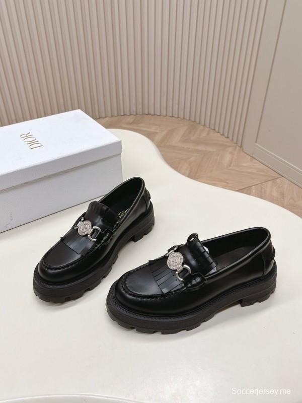2025 Women Dior Black Leather Loafers KFY00350