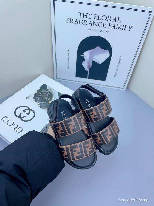2025 Kids Fendi Brown Black Leather Sandals