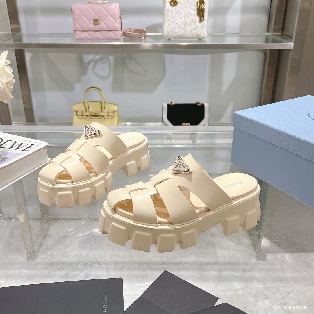 2025 Women Prada Beige Leather Platform Sandals LY00250