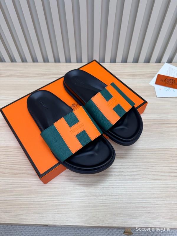 2025 Hermès Green Orange Leather Slippers