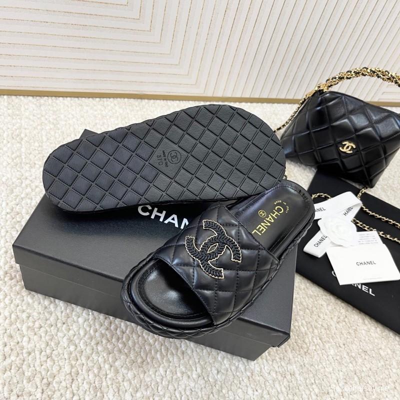 2025 Chanel Black Leather Slippers CC Stitching KFY00290