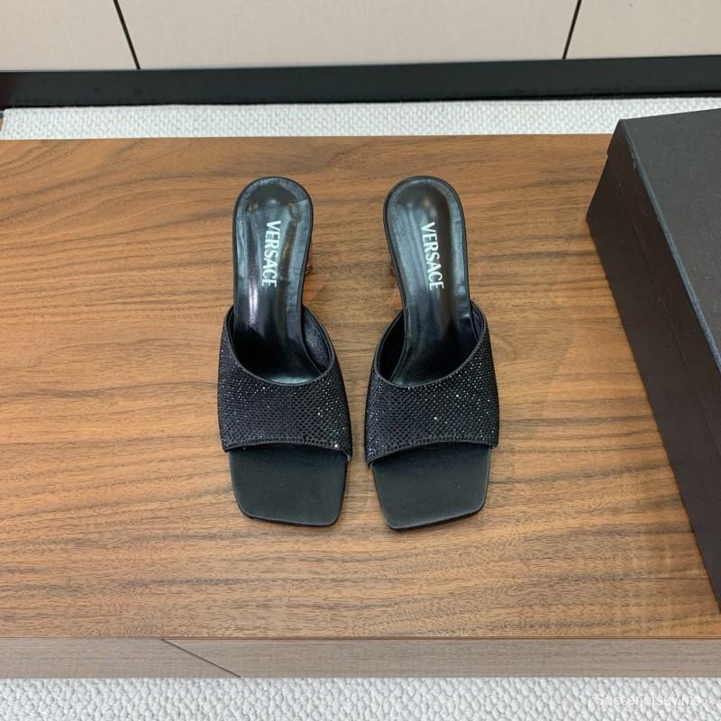 2025 Women VERSACE Black Silk Satin Slippers KFY00300