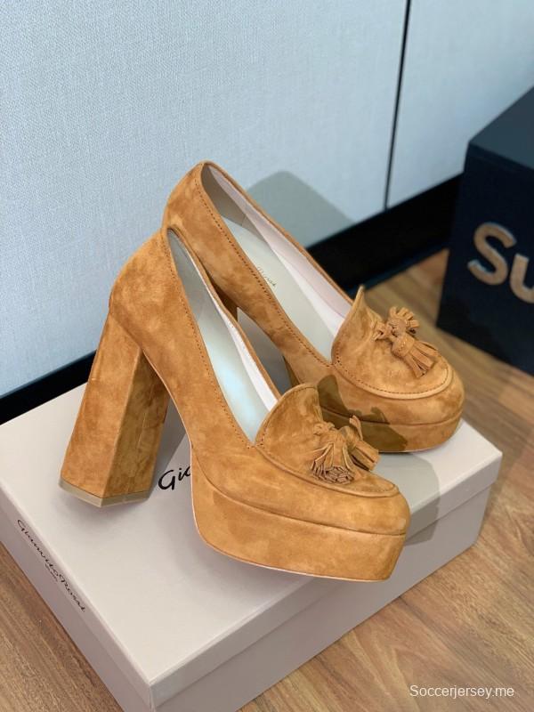 2025 Women Gianvito Rossi Brown Suede Platform Tassel Loafer
