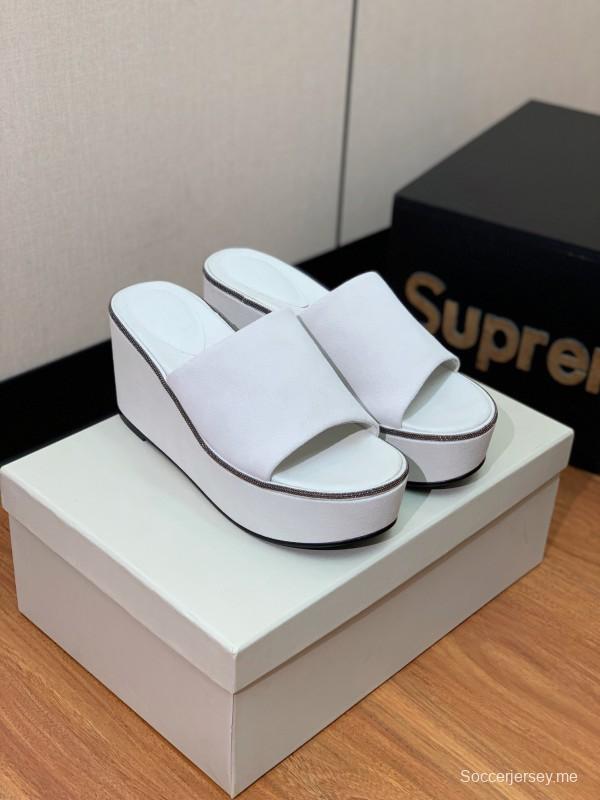 2025 Women BRUNELLO CUCINELLI White Suede Platform Slide Sandals Casual Craftsmanship LY00360(F)