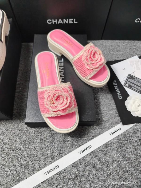 2025 Slippers Chanel Pink Straw Slide Floral LY00360