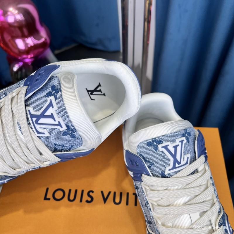 2025 Men Louis Vuitton Blue White Denim Leather LV Trainer