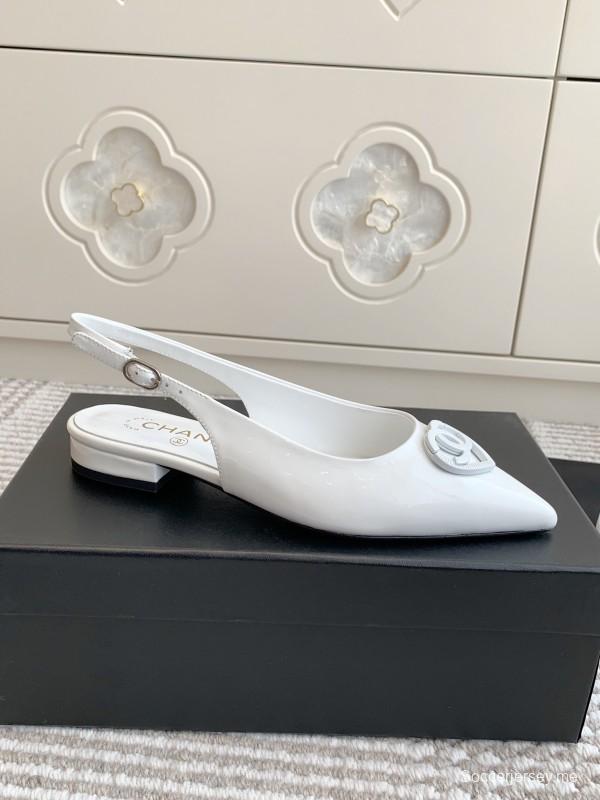 2025 Women Chanel White Leather Slingback Pointed Toe Heart Double C KFY00300