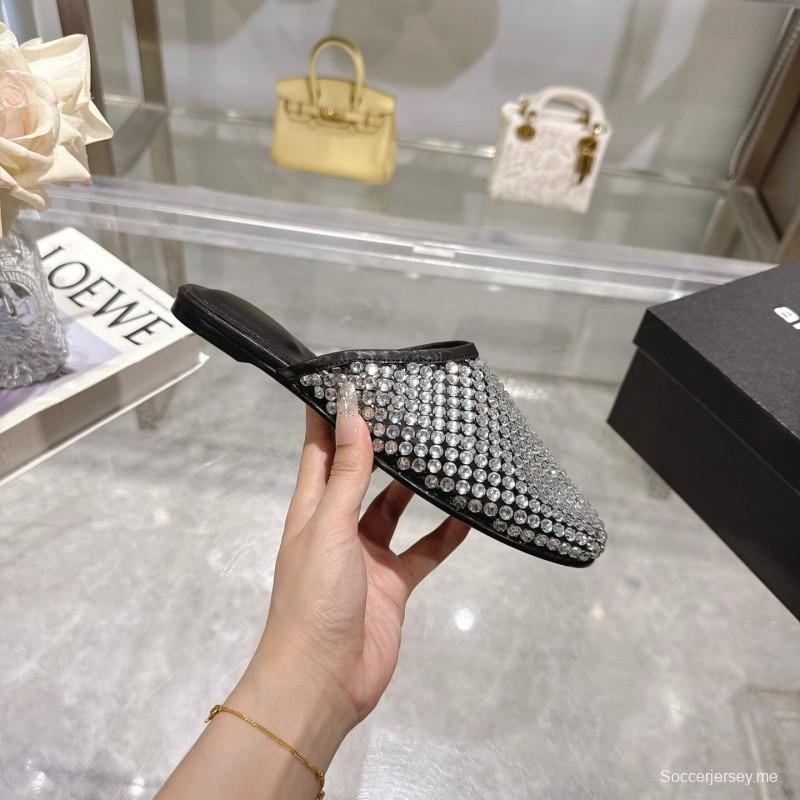 2025 Slippers Alexander Wang Black Crystal Mesh Leather Slippers LY00310