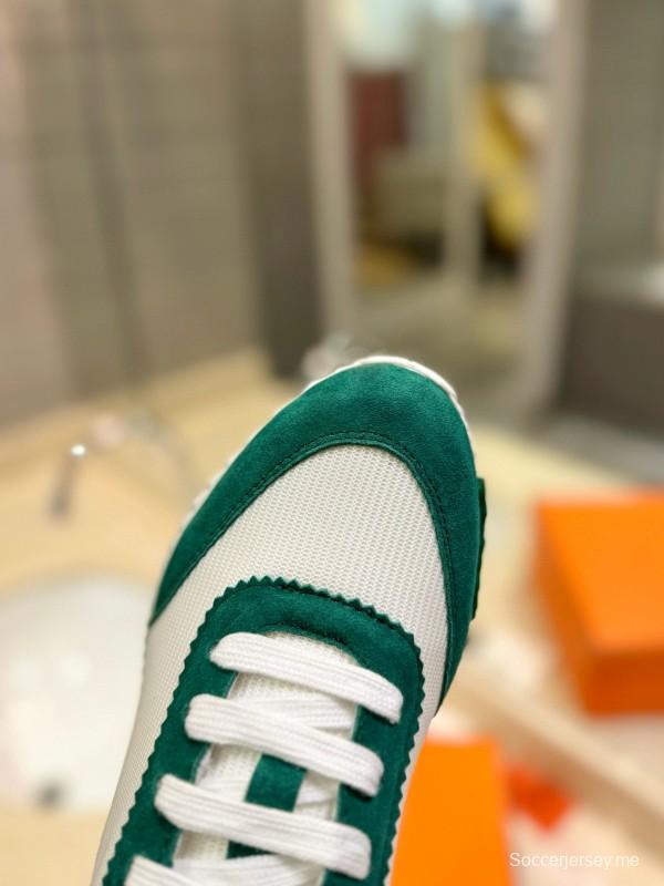 2024 Unisex Hermès White Green Mesh Suede Sneakers MJ00320