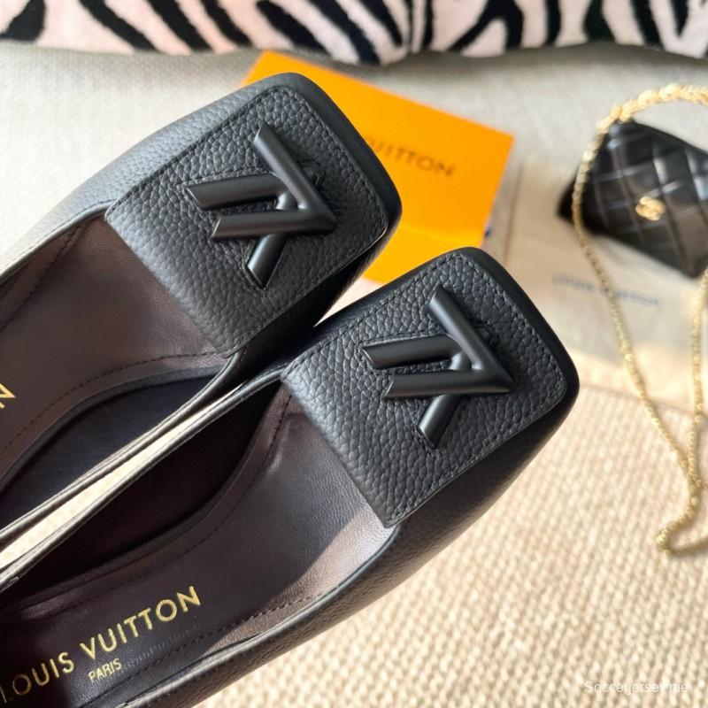 2024 Women Louis Vuitton Black Leather Mid Heel Pumps
