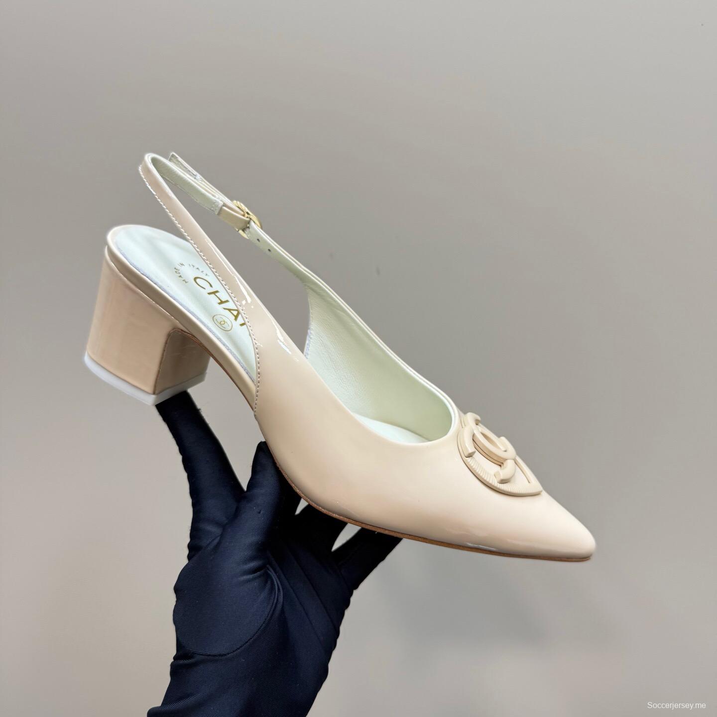 2025 Women Chanel Beige Patent Leather Slingback Heels
