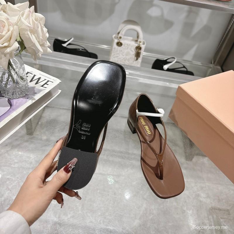 2025 Women Miu Miu Brown Leather T-Strap Flat Sandals KFY00289(F)