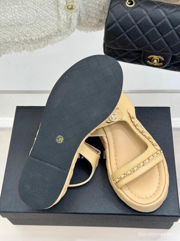 2025 Women Chanel Beige Leather Platform Sandals Chain KFY00270