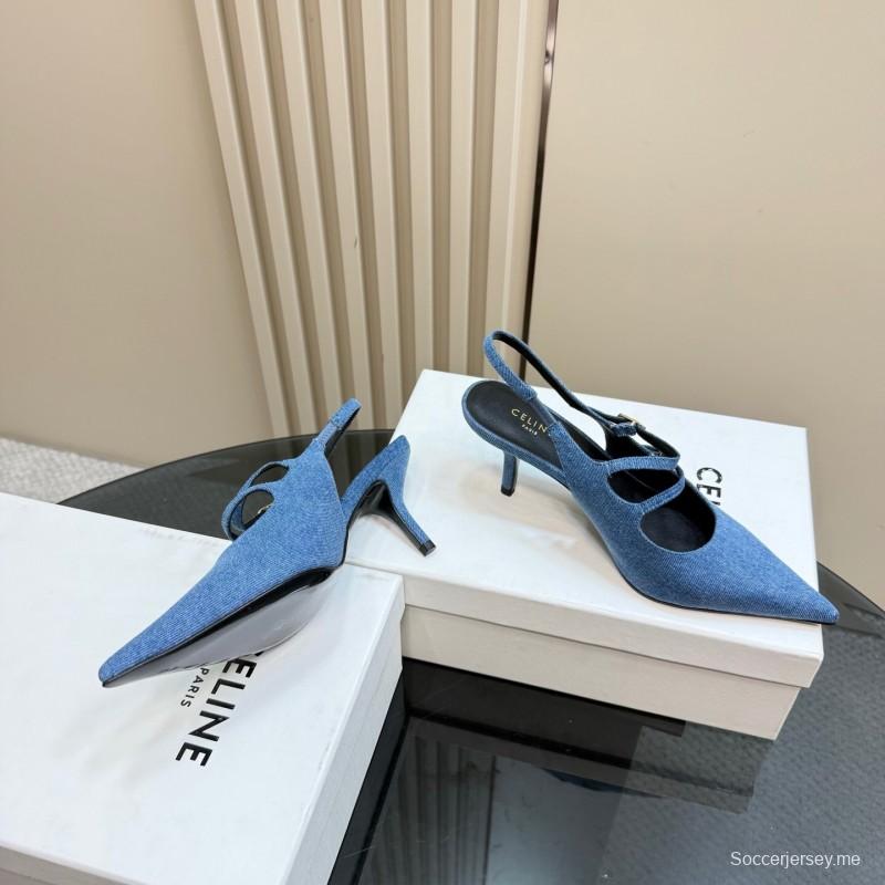 2025 Women CELINE Blue Denim Leather Pointed Toe Slingback Heels KFY00290