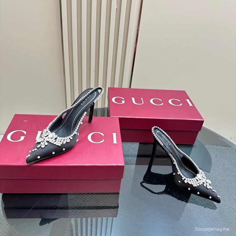 2025 Women Gucci Black Satin Crystal Embellished Slingback Heels