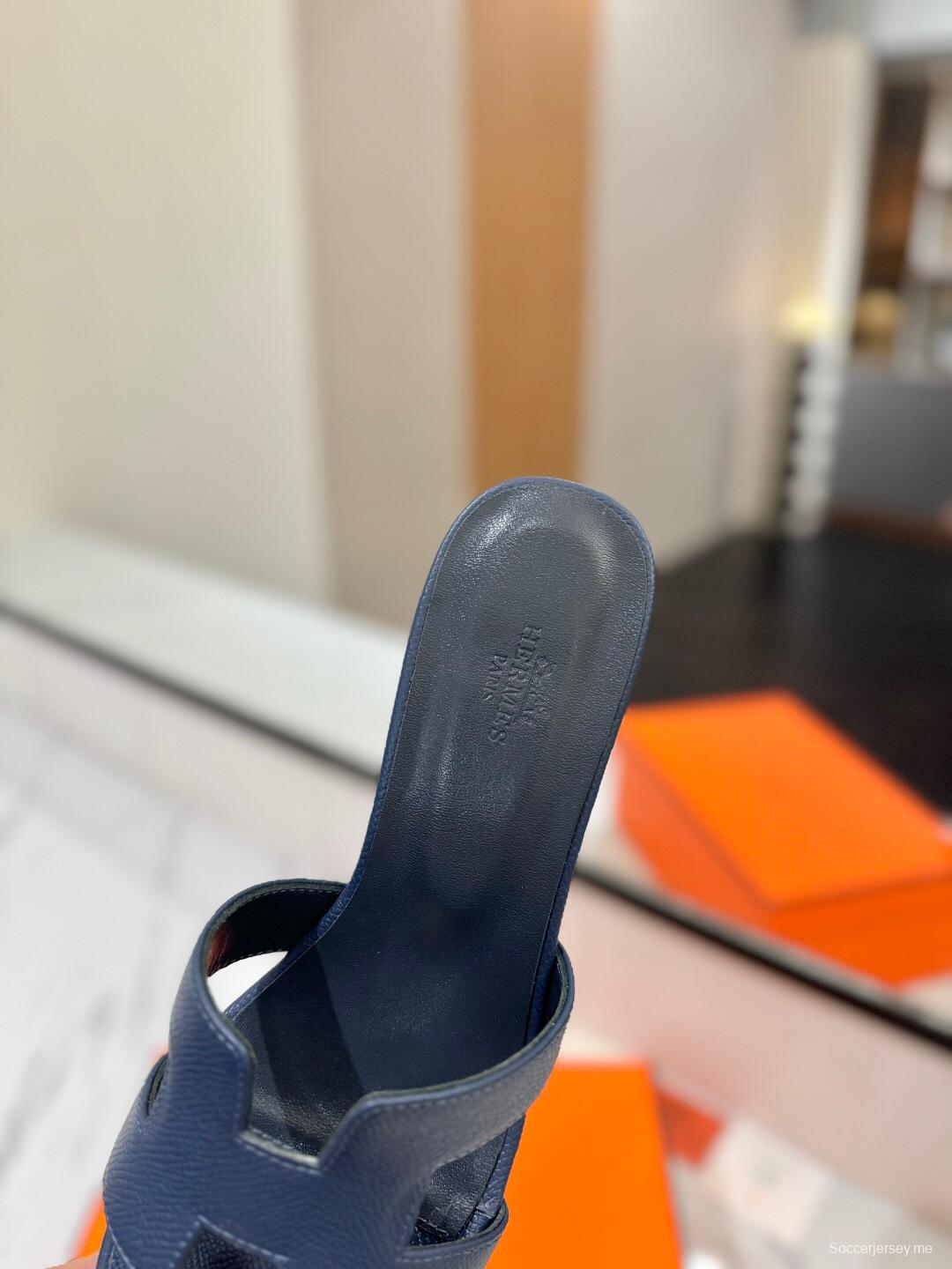 2025 Women Hermès Navy Leather Heeled Sandals