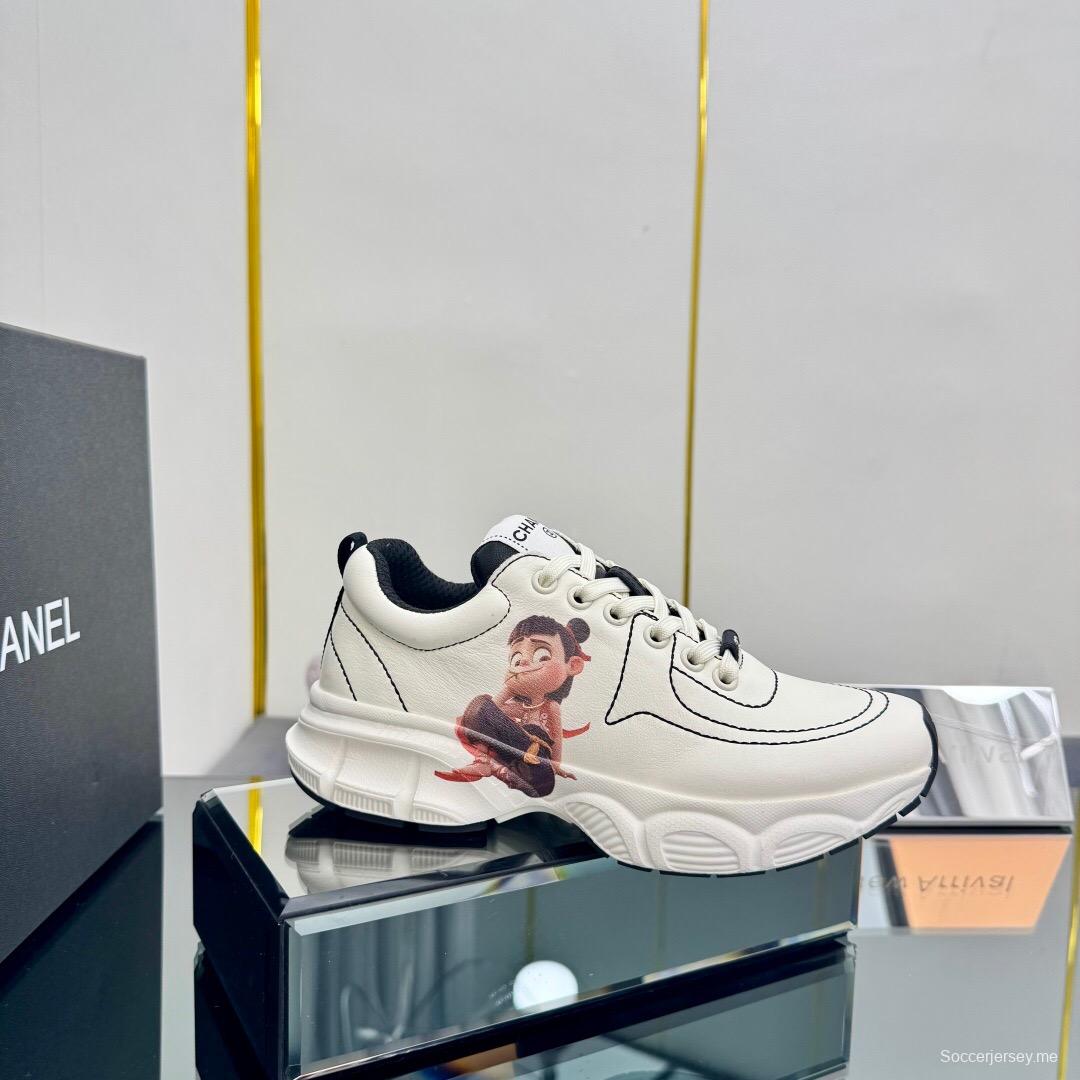 2025 Women Chanel White Leather Sneakers Cartoon Graphic