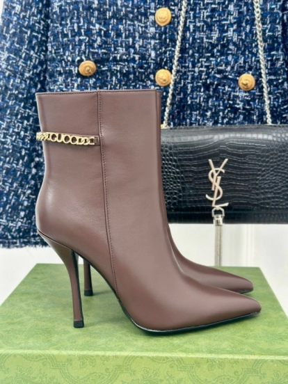2024 Women Gucci brown calf leather ankle boots chain MJ00410