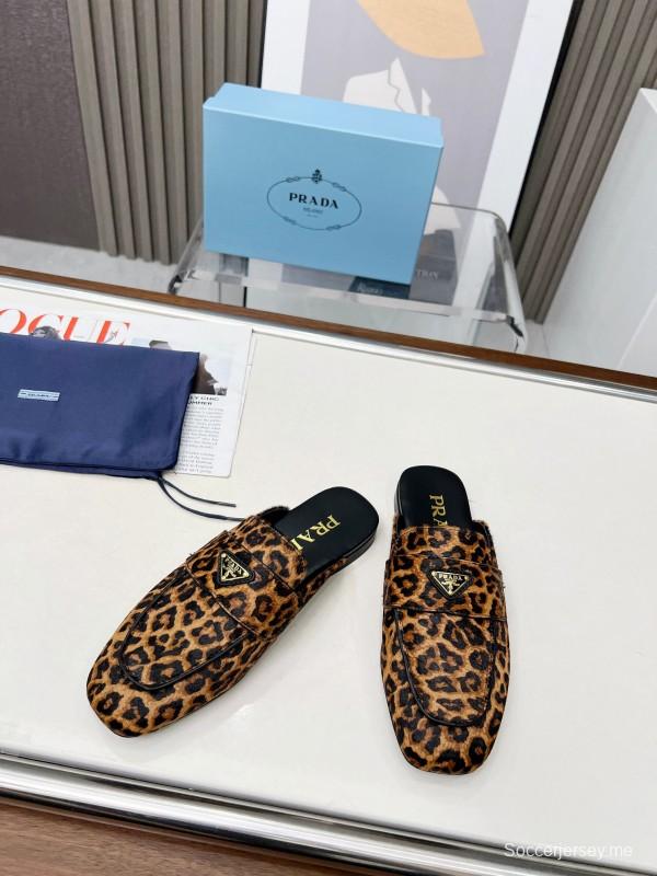 2025 Women Prada Leopard Calf Hair Slippers LY00260