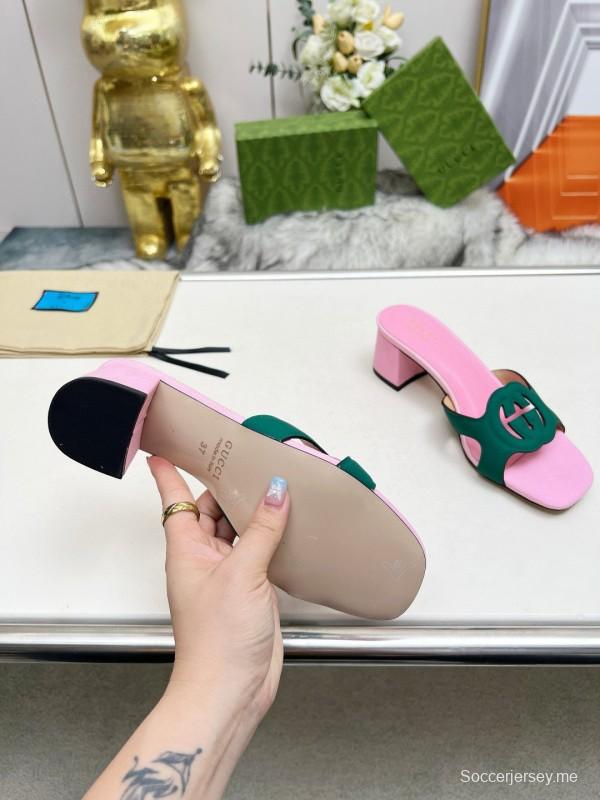2025 Women Gucci Pink Green Leather Slippers