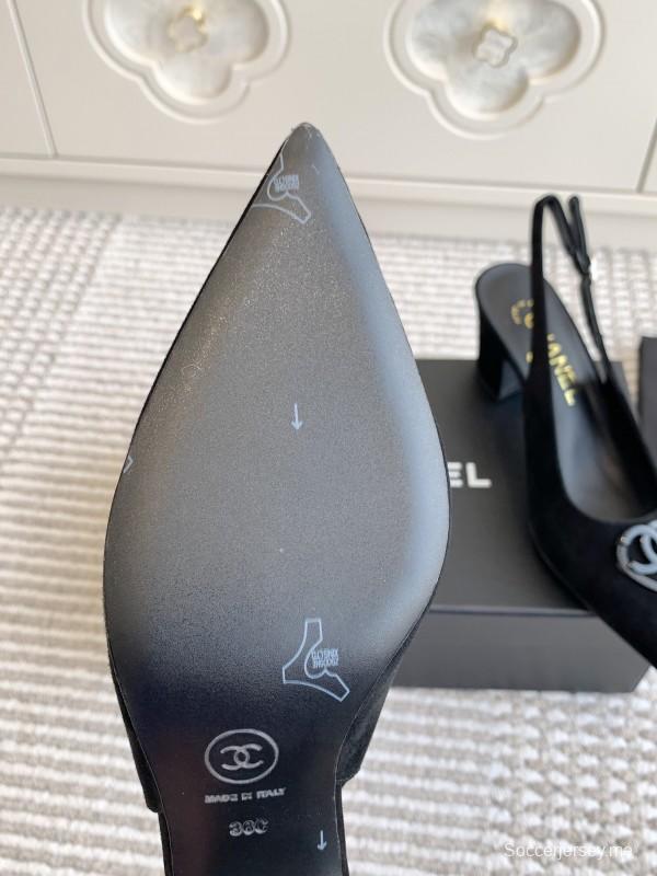 2025 Women Chanel Black Suede Slingback Heels CC Logo KFY00300